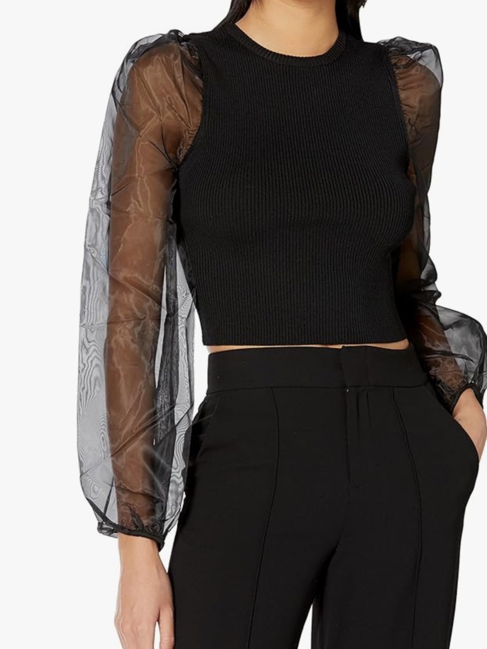 ASTR Black Ribbed Top with Sheer Puff Sleeves